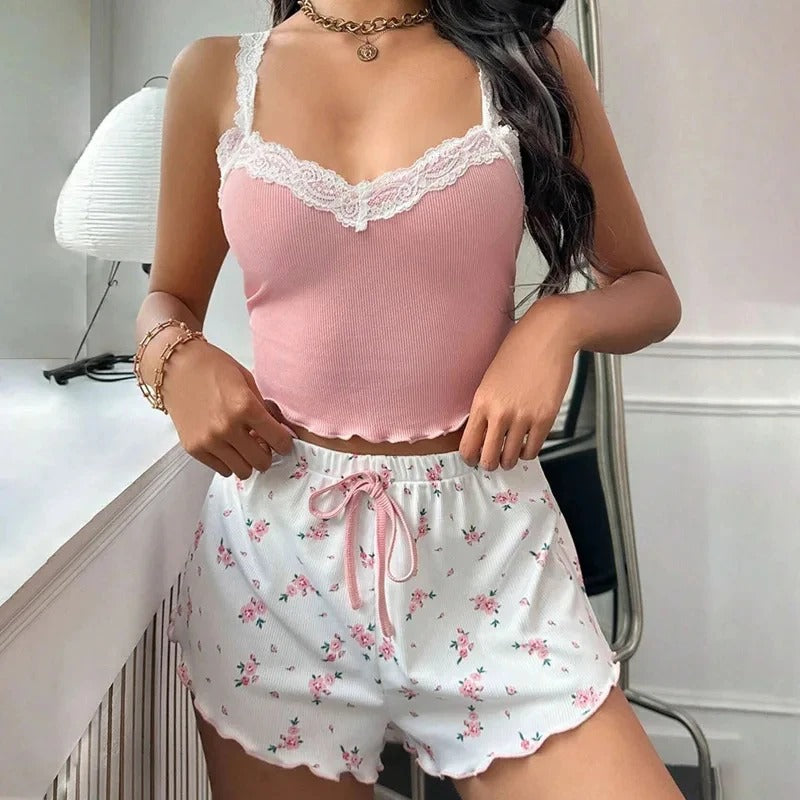 Women's Sexy Lace Camisole Vest Shorts Sleepwear Women's Slim Fit Two-Piece Home Outfit New Product Pink Coffee Blue